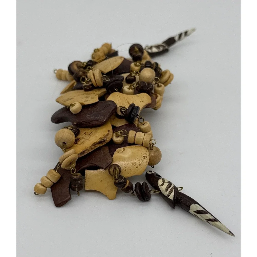 Vintage Tropical Wood Parrot‎ Barrette Beaded Bird Hair Clip Brown Cream Boho